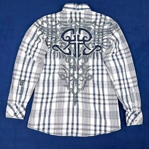 Roar Signature Plaid Shirt Button Up Embroidered Cross Graphic Y2K Men S Gothic